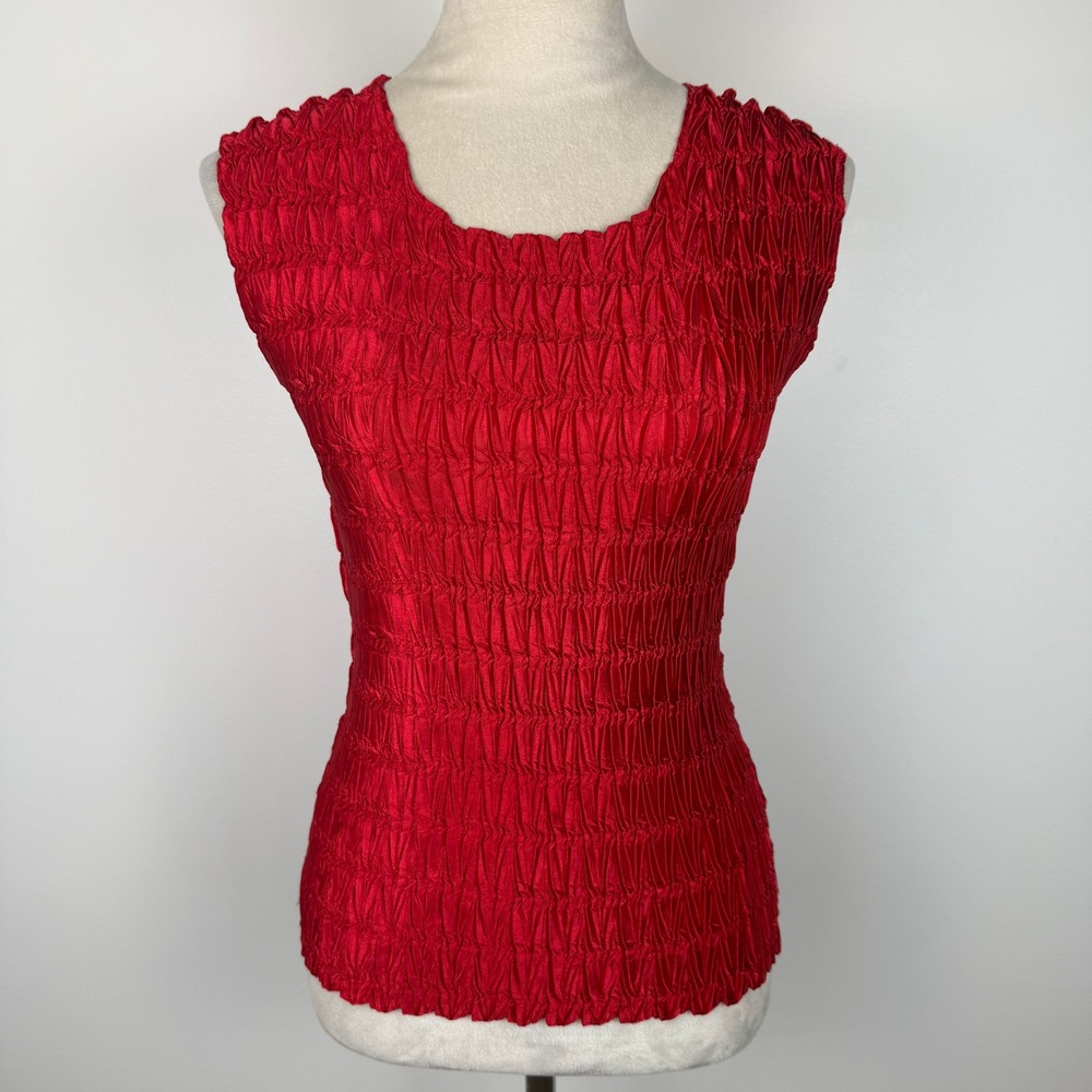 Y2K Dressbarn Womens Red Textured Smocked Sleeveless Stretch Top Sz Med Vintage